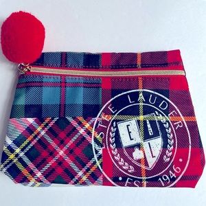 Estee Lauder Makeup Bag Plaid with Pompom Pouch NWOT
